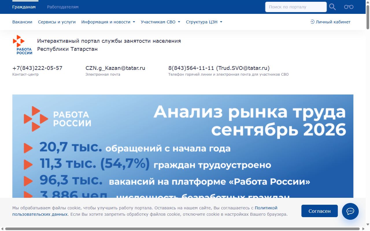 Служба занятости населения Татарстана — снимок сайта